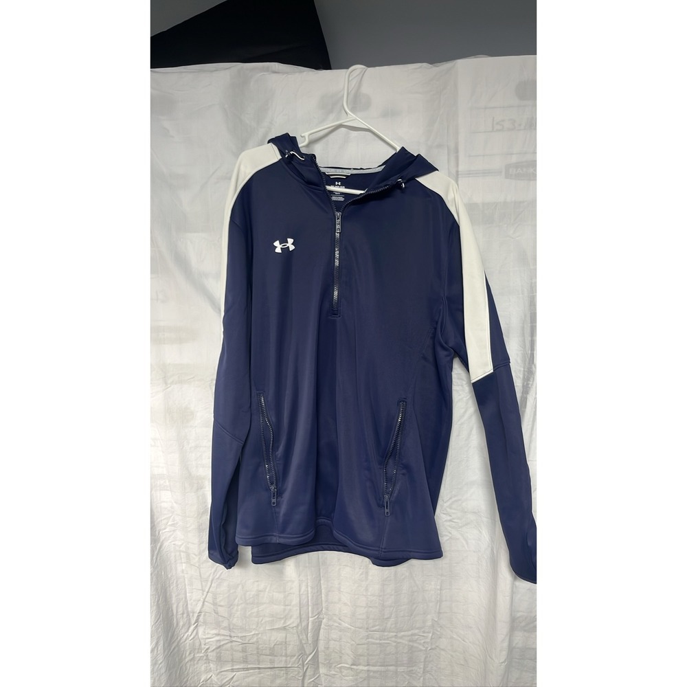 Under Armour Mens XL Navy Blue White Quarter Zip Hooded Performance Sweatshirt